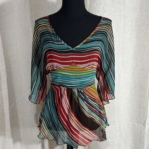 H&M Teal, Red & Yellow Striped V-Neck Peplum Top